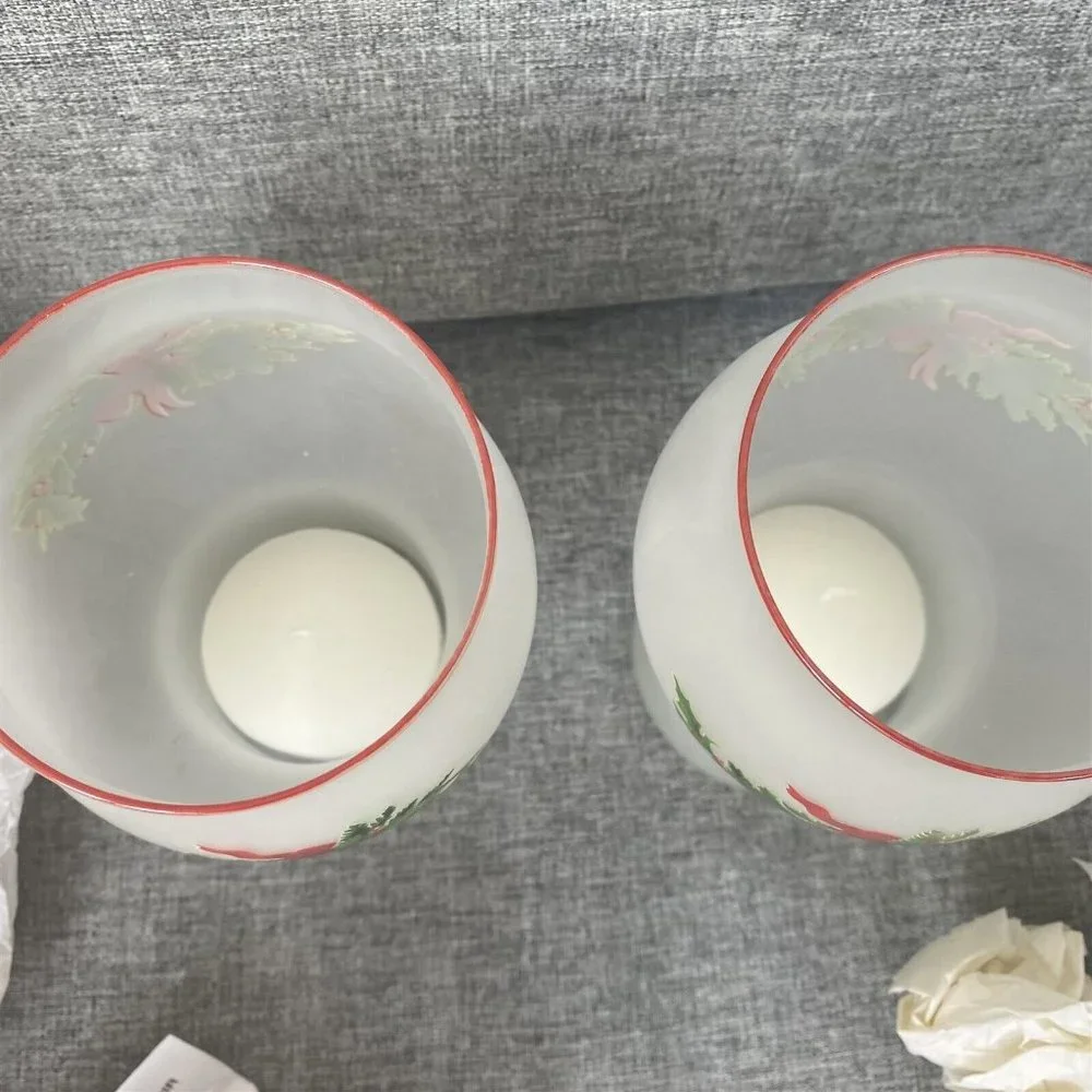 Pfaltzgraff Christmas Heritage Frosted Glass Floating Candle Holder Pair 2000